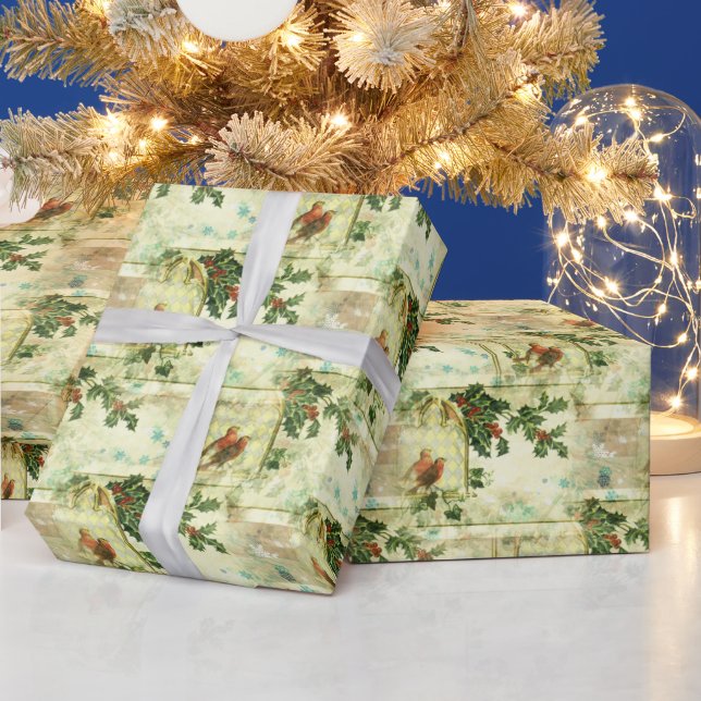 Papel De Presente Natais vintages Holly e Birds (Feriados)