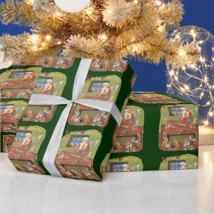 Papel De Presente Natais vintages Papais noeis com Elves no Workshop