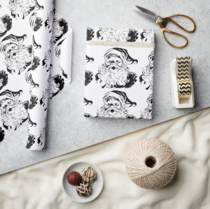 Papel De Presente Natais vintages, Retro Jolly Papai Noel, Preto