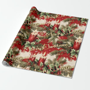 Papel De Presente Natais vintages Retroativos: Velas Vermelhas e Hol