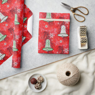Papel De Presente Natais vintages: Sinos Verdes e Flocos de Neve