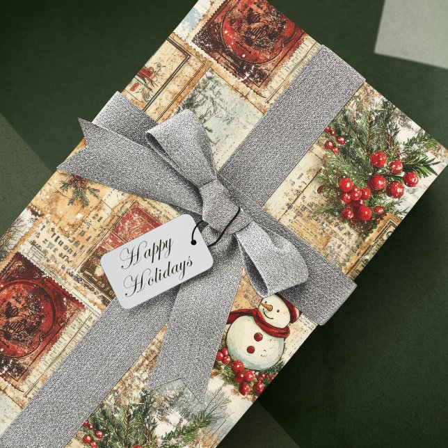 Papel De Presente Natais vintages Snowman Ephemera Collage (Criador carregado)