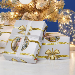 Papel De Presente Natal 5 Foto Adornos Dourados & Padrão de Listras