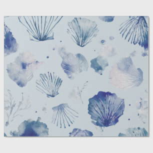 Papel De Presente Natal à Beira-Mar Azul Aquarela Conchas