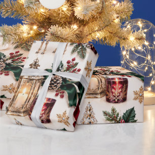 Papel De Presente Natal à Luz de Velas Marfim e Borgonha