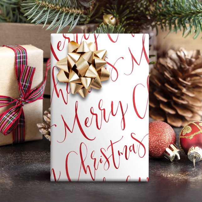 Papel De Presente Natal Alegre Caligrafia Festa (Red Merry Christmas Calligraphy Holiday Wrapping Paper)