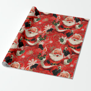 Papel De Presente Natal Alegre de Meados do Século: Papai Noel Corre