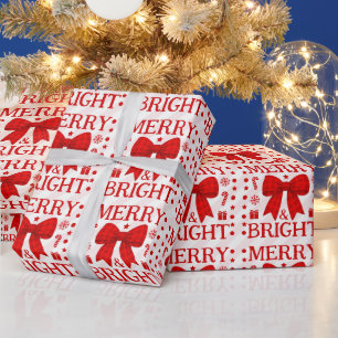 Papel De Presente Natal Alegre e Brilhante com Laço de Xadrez Vermel
