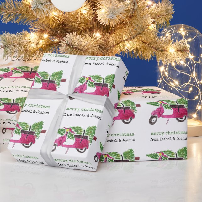 Papel De Presente Natal Alegre e Fofo Personalizado | Scooter Vermel (Feriados)