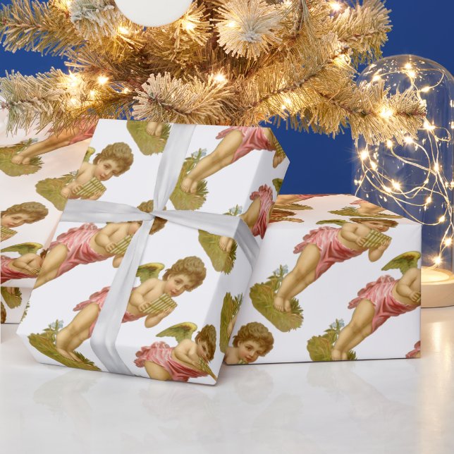 Papel De Presente Natal Antigo, Anjo Músico com Flauta de Pã (Feriados)