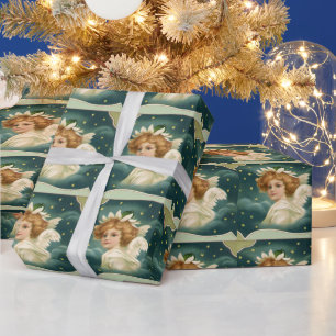 Papel De Presente Natal Antigo, Anjo Vitoriano com Estrelas Douradas
