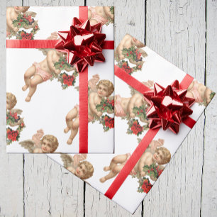 Papel De Presente Natal Antigo, Anjo Vitoriano com Grinalda Floral