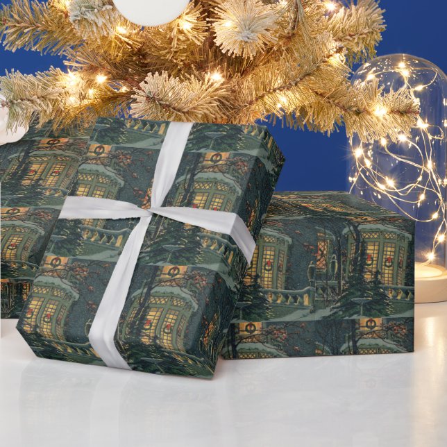 Papel De Presente Natal Antigo, Casa com Grinaldas nas Janelas (Feriados)