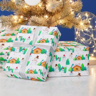 Papel De Presente Natal Antigo Casa de Inverno Boneco de Neve Árvore