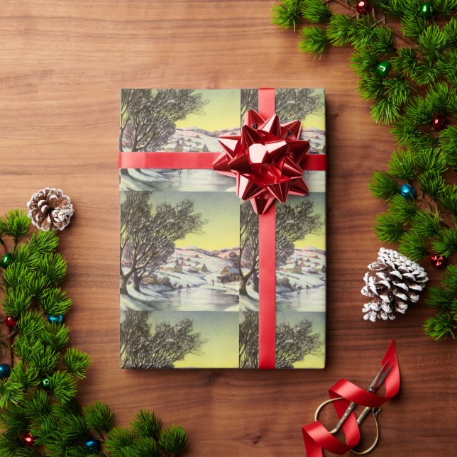 Papel De Presente Natal Antigo, Lago Congelado com Patinadores no Ge (Presente de Natal)