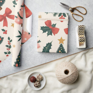 Papel De Presente Natal Antigo Musgo e Laços Feriados