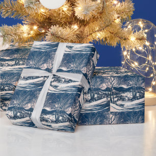 Papel De Presente Natal Antigo, Paisagem de Montanha de Neve de Inve