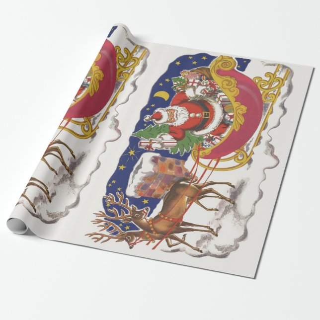 Papel De Presente Natal Antigo, Papai Noel Alegre com Trenó (Desenrolado)