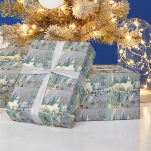 Papel De Presente Natal Antigo, Pessoas Indo à Igreja na Neve