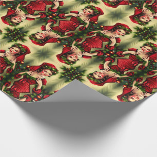 Papel De Presente Natal Antigo Retro Garota Mulher Elfo Vermelho Clá
