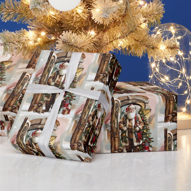 Papel De Presente Natal Aquarela Papai Noel com Cachorro (Feriados)