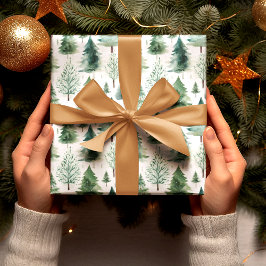 Papel De Presente Natal Árvores Aquarela Padrão Feriado Verde