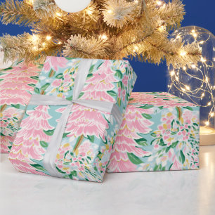 Papel De Presente Natal Árvores de Pinheiro Rosa Pastel e Verde Clar