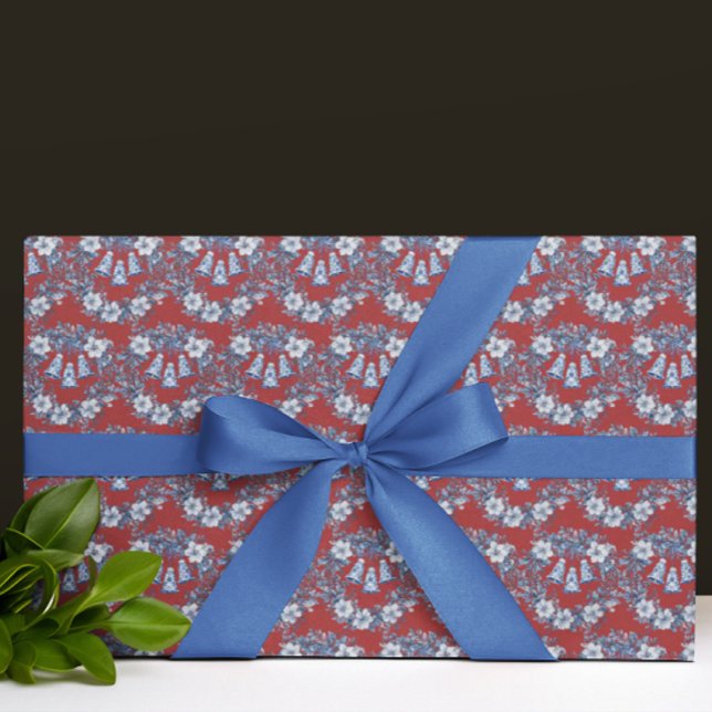 Papel De Presente Natal Azul Branco Verde Chinês Antigo  (Blue and white chinoiserie on rich red background)