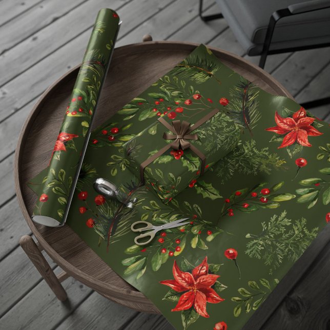 Papel De Presente Natal Berries Greenery Botânico (Botanical Holly Red Berries Christmas Wrapping Paper)