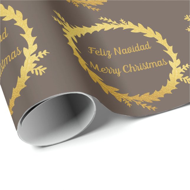 Papel De Presente Natal Bilíngue Ouro Feliz Navidad (Ponta do rolo)