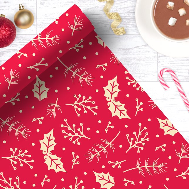 Papel De Presente Natal Botânico com Folhagem Floral Vermelha (Criador carregado)