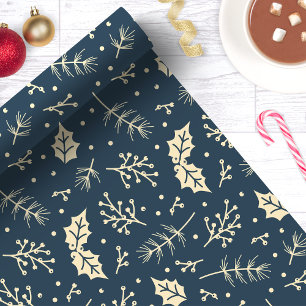 Papel De Presente Natal Botânico de Folhagem Floral Azul Marinho 