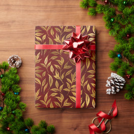 Papel De Presente Natal Botânico Elegante em Vermelho e Folha de Our