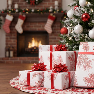 Papel De Presente Natal Botânico Moderno Elegante Vermelho Branco