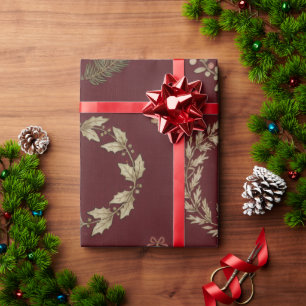 Papel De Presente Natal Botânico Rústico Borgonha de Inverno
