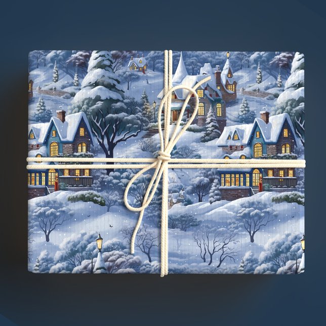 Papel De Presente Natal branco da aldeia de inverno moderna (Criador carregado)