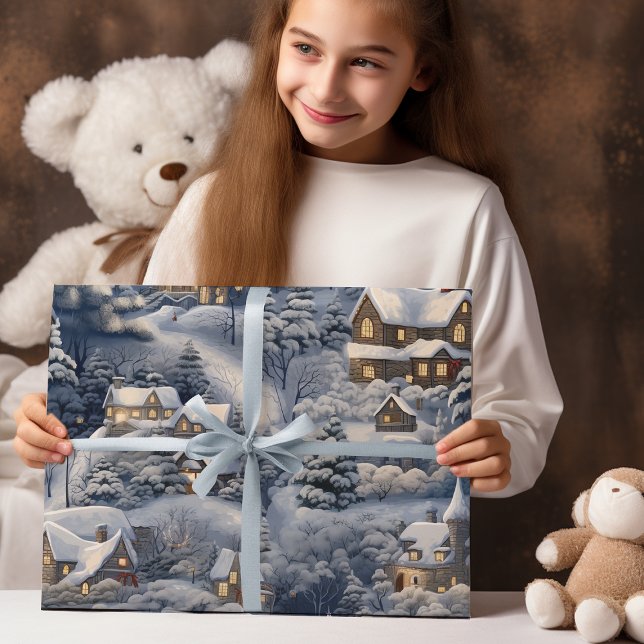 Papel De Presente Natal branco da aldeia de inverno moderna (Criador carregado)