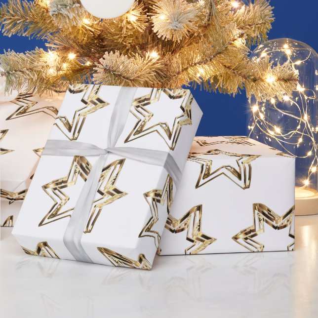 Papel De Presente Natal Branco das Estrelas do Ouro Elegante (Feriados)