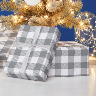 Papel De Presente Natal Branco e Xadrez Búfalo Cinza