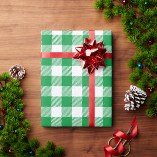 Papel De Presente Natal Branco e Xadrez Búfalo Verde Kelly