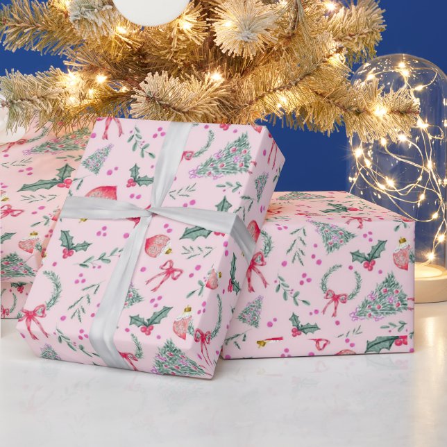 Papel De Presente Natal branco rosa (Feriados)