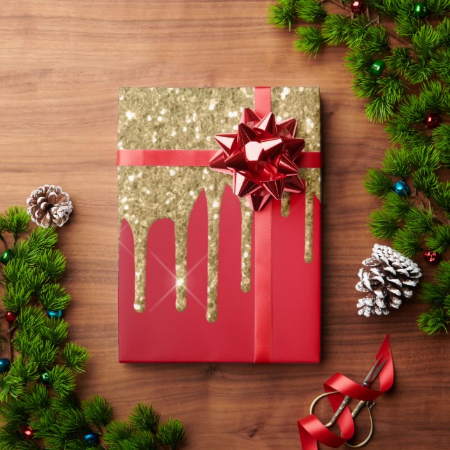 Papel De Presente natal brilhante Dourado e vermelho (Presente de Natal)