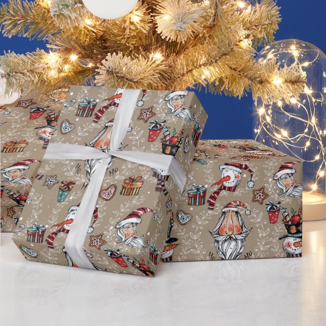 Papel De Presente Natal caprichoso do Papai Noel e boneco de neve  (Feriados)