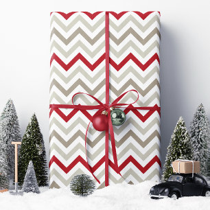 Papel De Presente Natal Chevron Vermelho e Bege