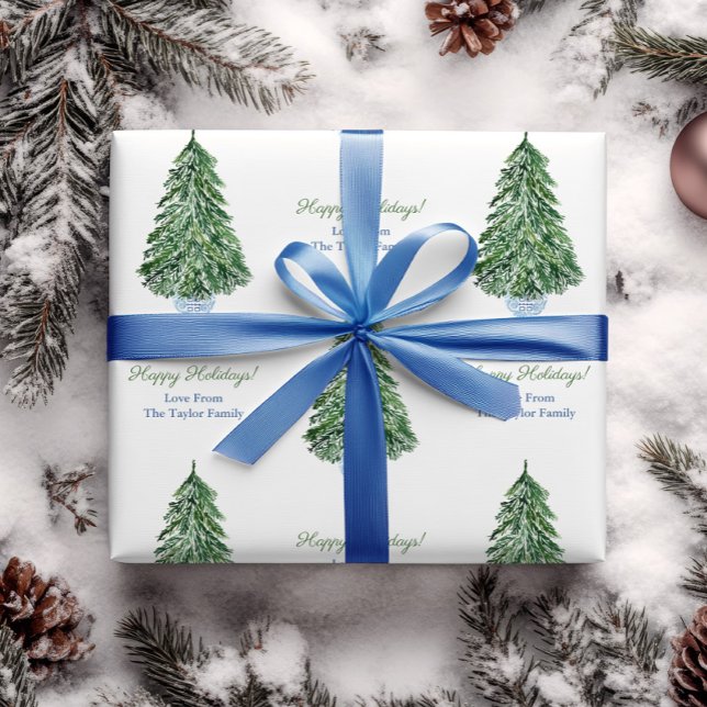 Papel De Presente Natal clássico Chinoiserie Feliz Feriados (Simple green watercolor Christmas tree in blue and white ginger jar planter with personalized text)