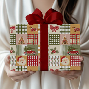 Papel De Presente Natal Clássico de Patchwork Vintage