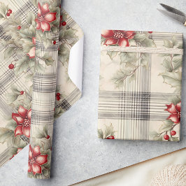 Papel De Presente Natal clássico de Poinsettia Vermelha Tartan