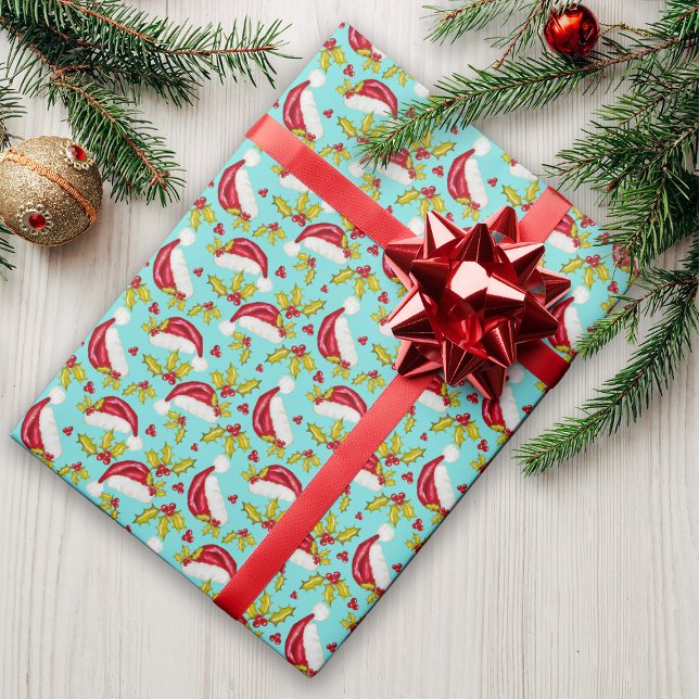 Papel De Presente Natal clássico de Santa Hat Holly Novelty Aqua (Criador carregado)