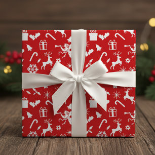 Papel De Presente Natal Clássico Novamente Vermelho e Branco dos ano