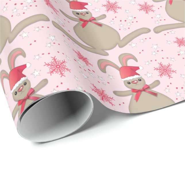 Papel De Presente Natal Coelho Coelho Noel Hat Rosa Xmas (Ponta do rolo)